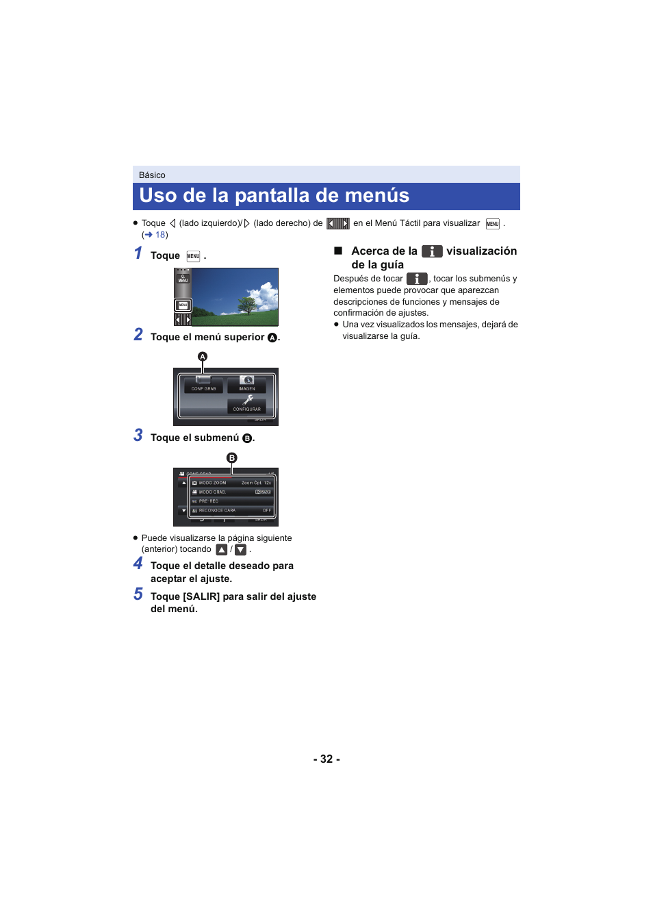 Uso de la pantalla de menús, L 32 | Panasonic HCX929EG User Manual | Page 32 / 203