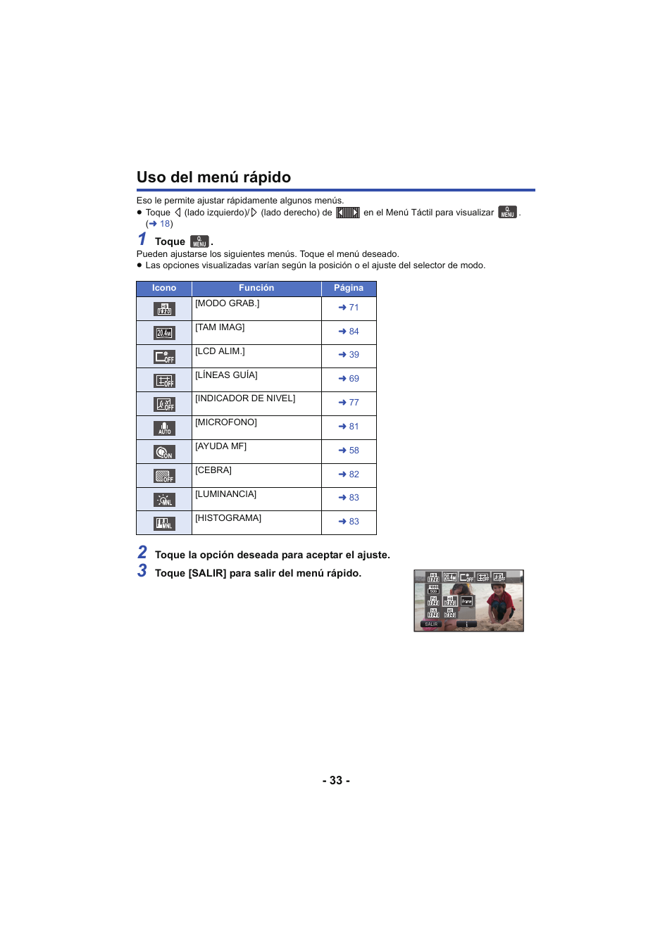 Uso del menú rápido | Panasonic HCX929EG User Manual | Page 33 / 203