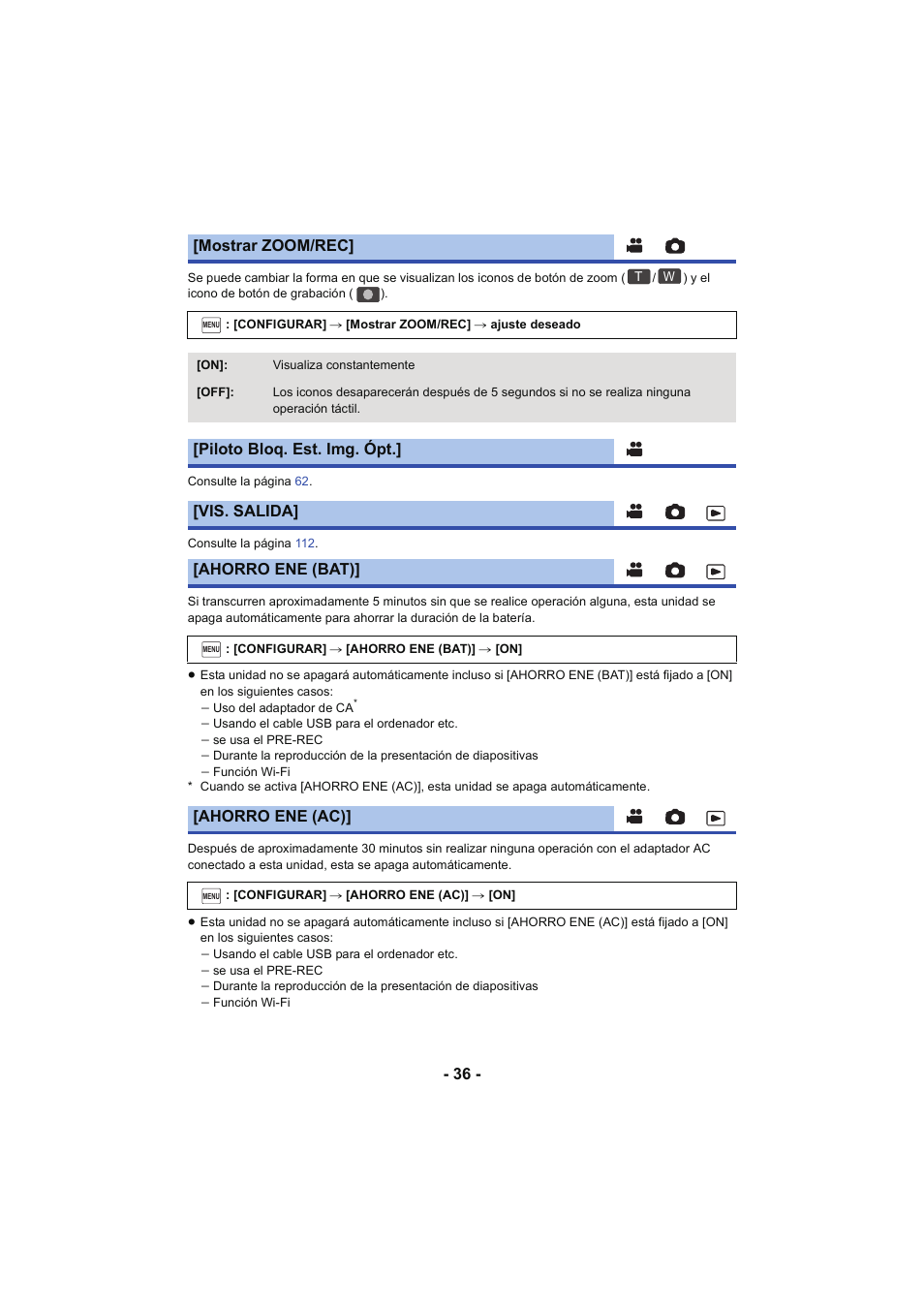 L 36, Mostrar zoom/rec, Ahorro ene (ac) | Panasonic HCX929EG User Manual | Page 36 / 203