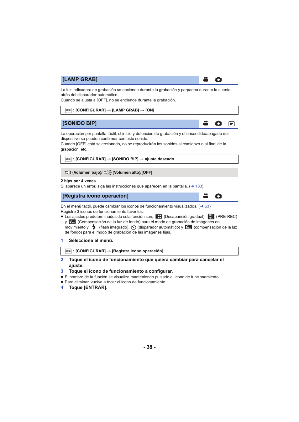 L 38, Lamp grab, Sonido bip | Registra icono operación | Panasonic HCX929EG User Manual | Page 38 / 203