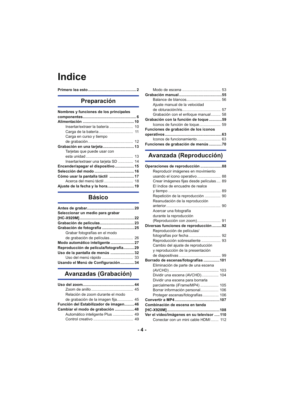 Indice, Preparación, Básico | Avanzadas (grabación), Avanzada (reproducción) | Panasonic HCX929EG User Manual | Page 4 / 203