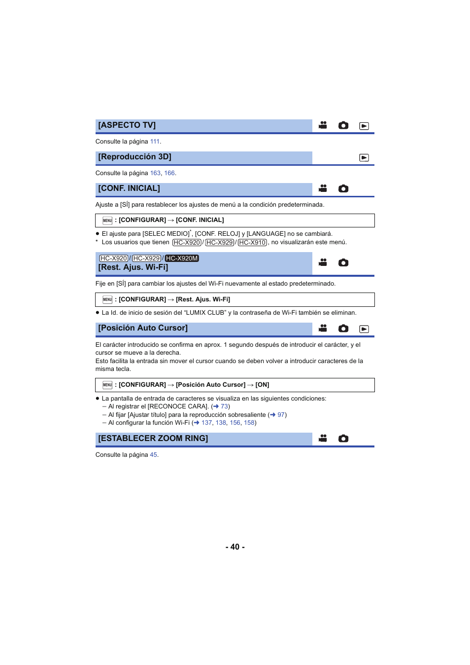 Aspecto tv] [reproducción 3d] [conf. inicial, Rest. ajus. wi-fi, Posición auto cursor | Establecer zoom ring | Panasonic HCX929EG User Manual | Page 40 / 203