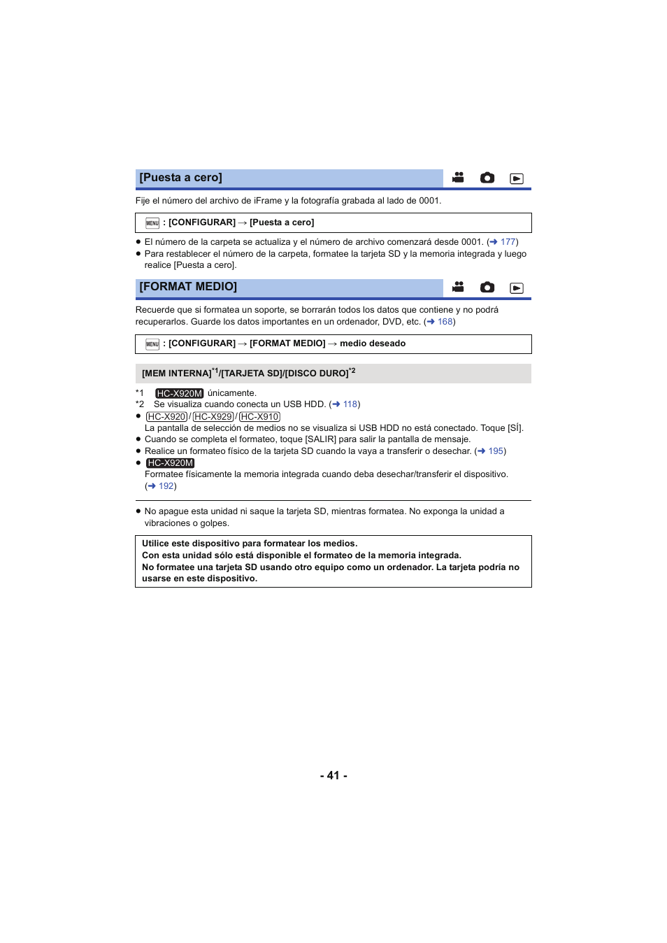 Puesta a cero, Format medio | Panasonic HCX929EG User Manual | Page 41 / 203