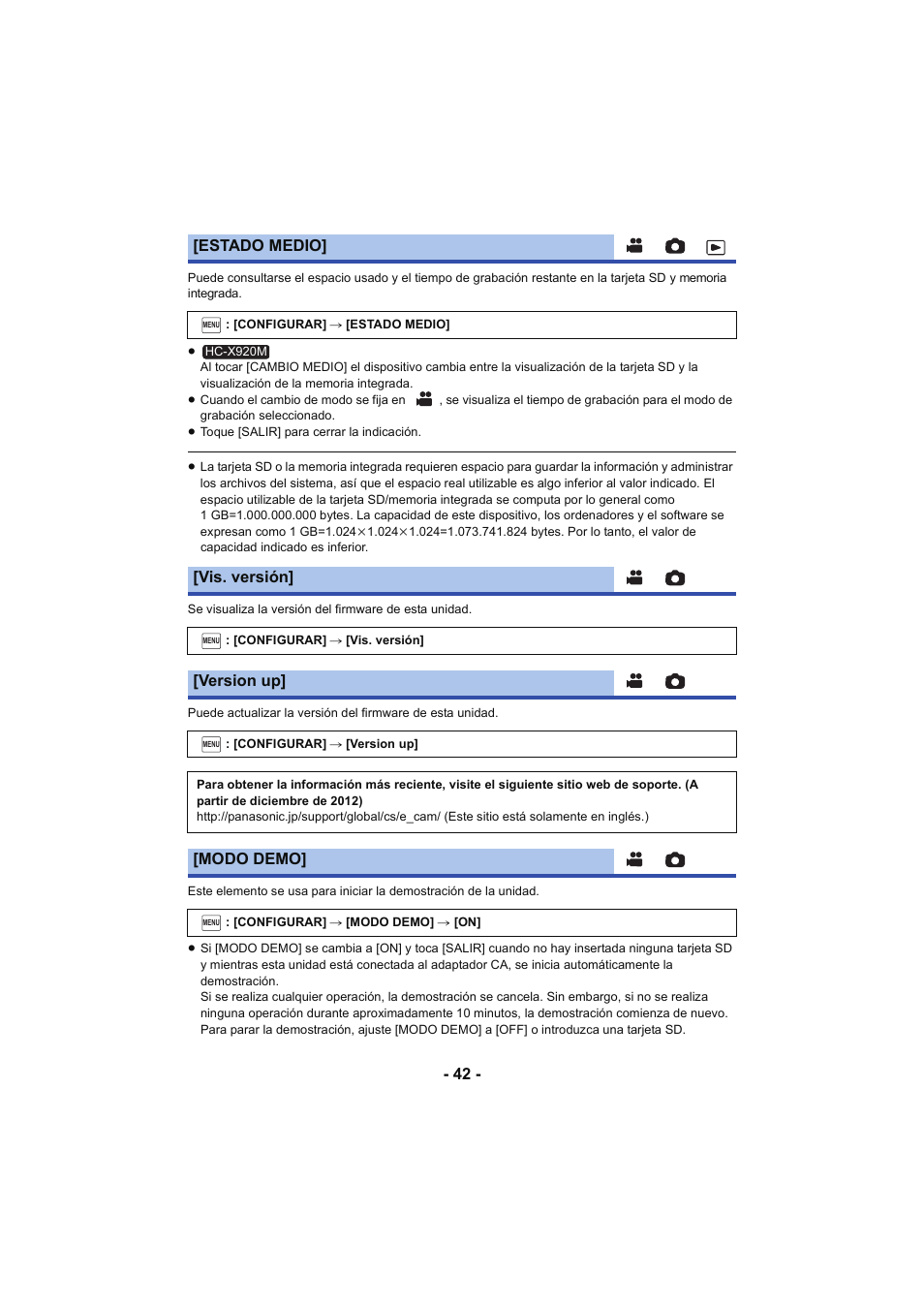 Estado medio, Vis. versión, Version up | Modo demo | Panasonic HCX929EG User Manual | Page 42 / 203