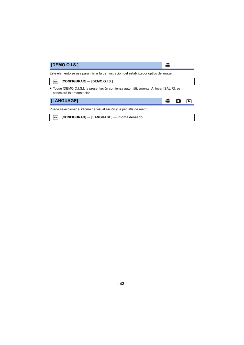 Demo o.i.s, Language | Panasonic HCX929EG User Manual | Page 43 / 203