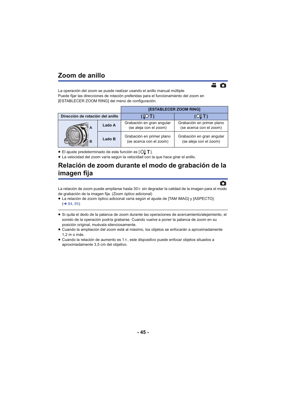 Zoom de anillo | Panasonic HCX929EG User Manual | Page 45 / 203