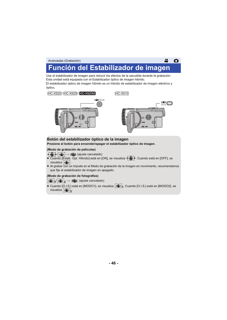 Función del estabilizador de imagen, L 46 | Panasonic HCX929EG User Manual | Page 46 / 203