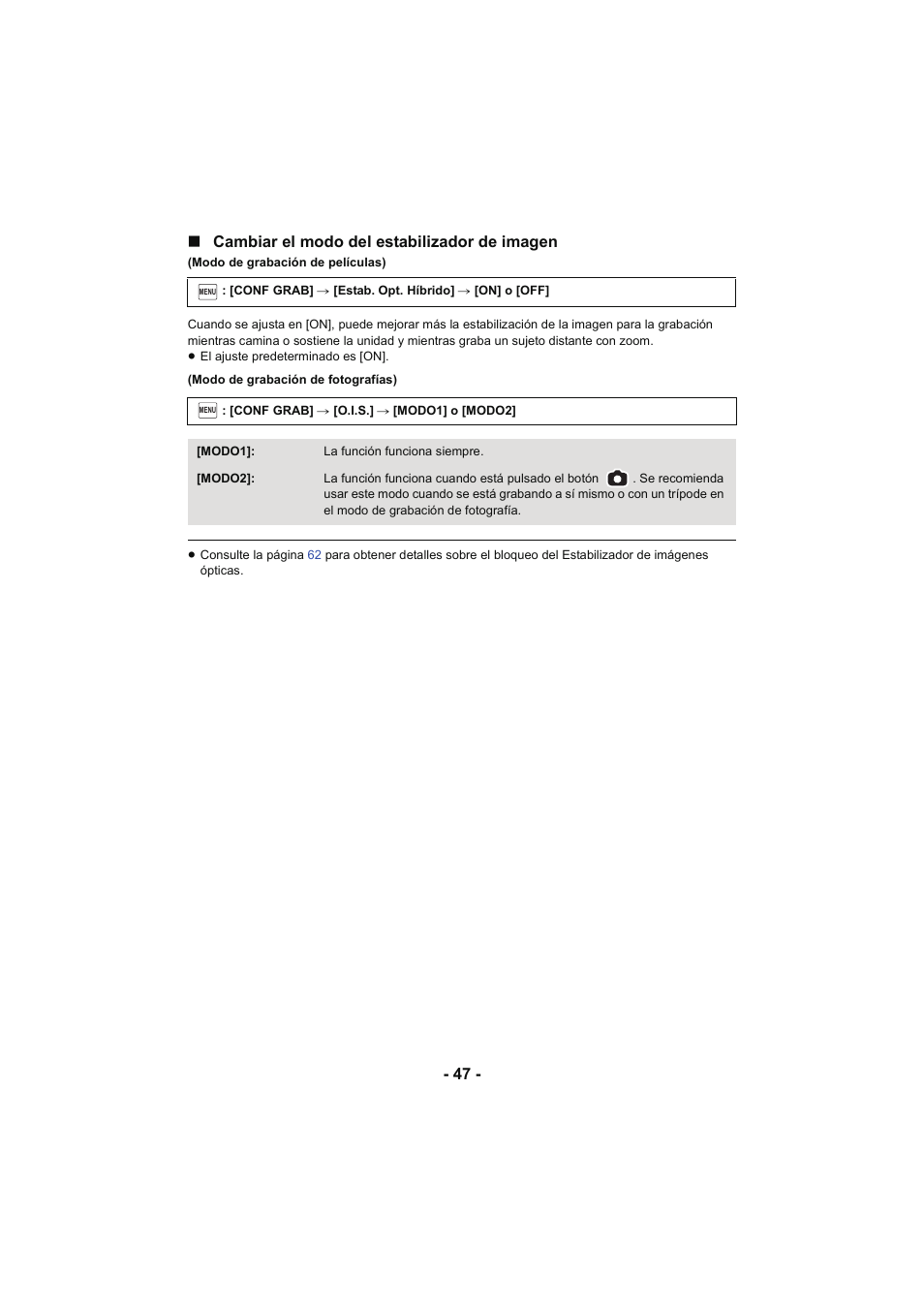 47 - ∫ cambiar el modo del estabilizador de imagen | Panasonic HCX929EG User Manual | Page 47 / 203