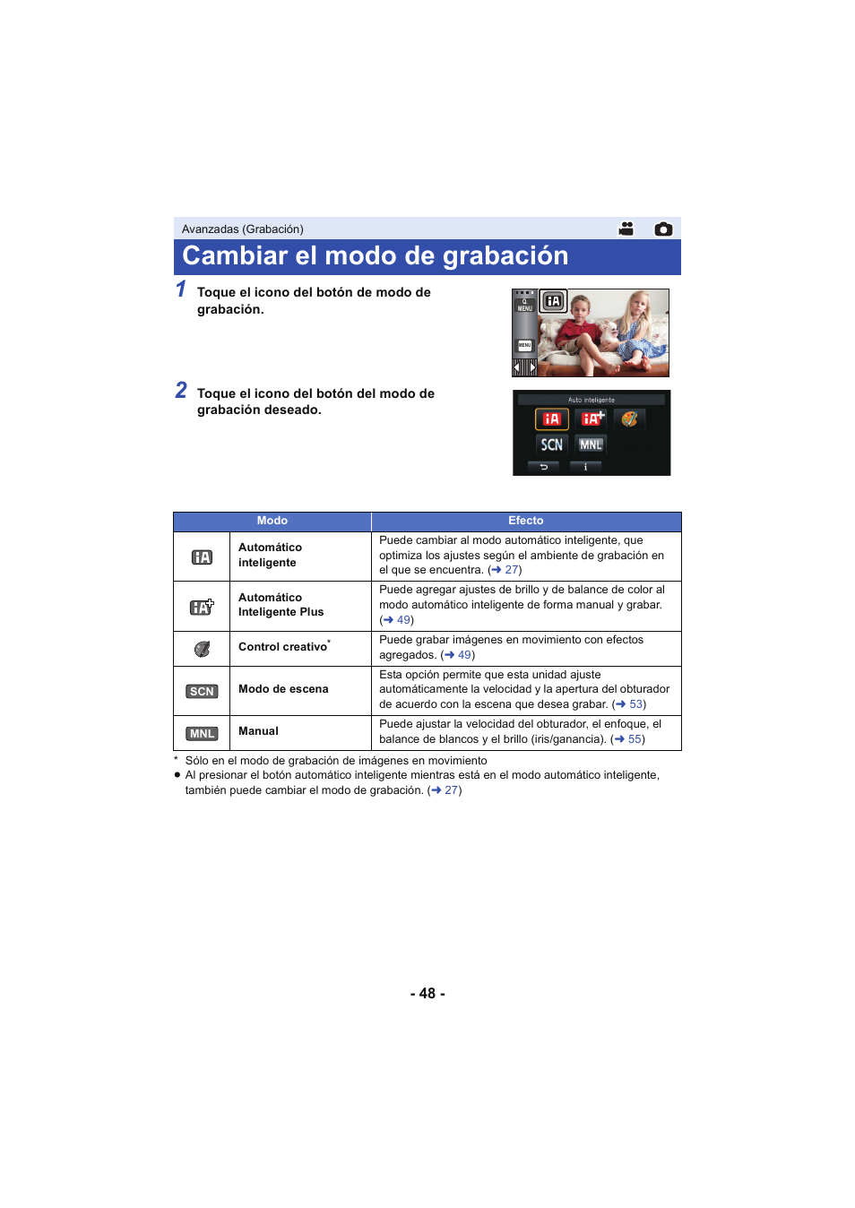 Cambiar el modo de grabación, L 48 | Panasonic HCX929EG User Manual | Page 48 / 203