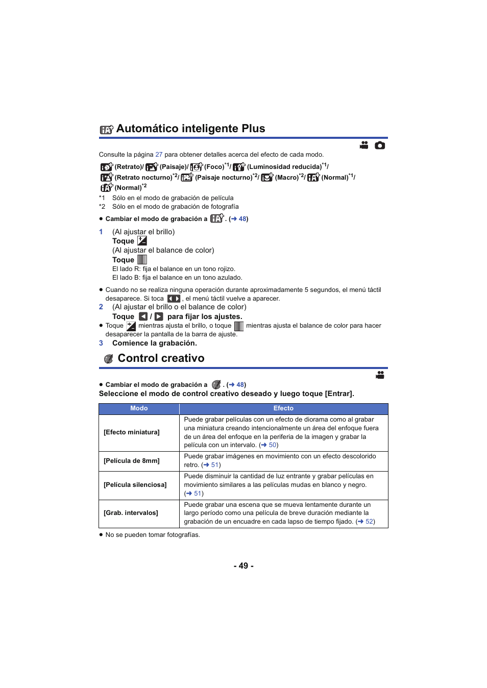Automático inteligente plus, Control creativo, Automático inteligente plus control creativo | L 49 | Panasonic HCX929EG User Manual | Page 49 / 203