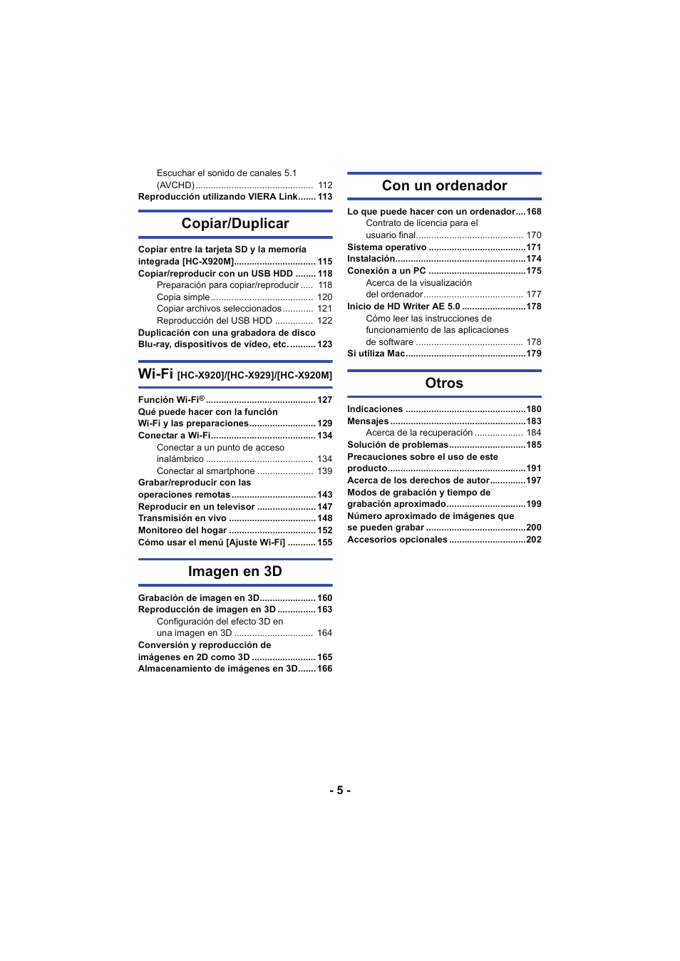 Copiar/duplicar, Wi-fi, Imagen en 3d | Con un ordenador, Otros | Panasonic HCX929EG User Manual | Page 5 / 203