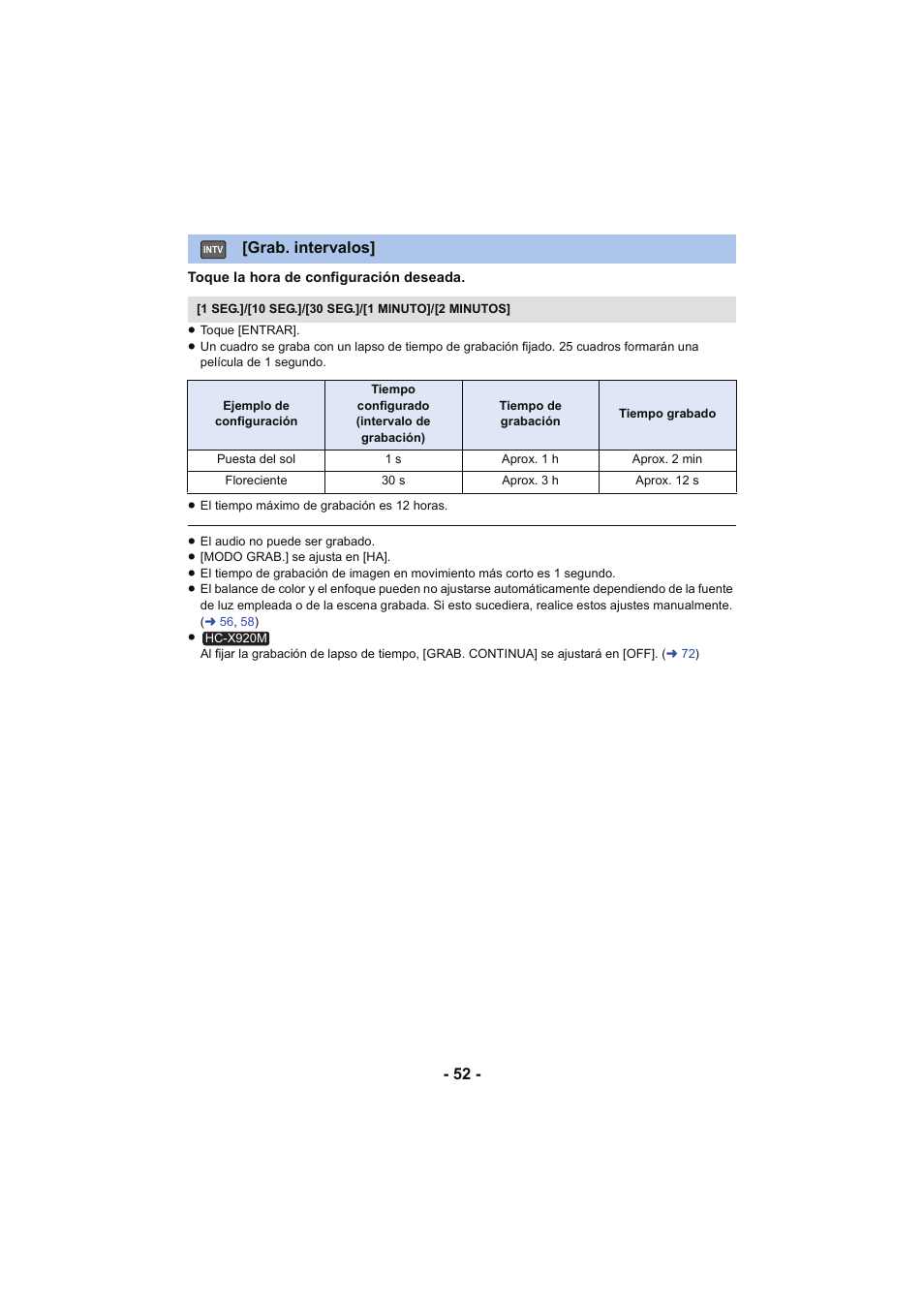 L 52, Grab. intervalos | Panasonic HCX929EG User Manual | Page 52 / 203