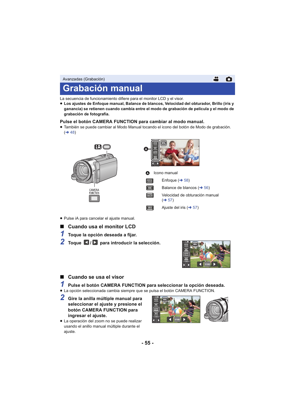 Grabación manual, L 55, Cuando usa el monitor lcd | Cuando se usa el visor | Panasonic HCX929EG User Manual | Page 55 / 203