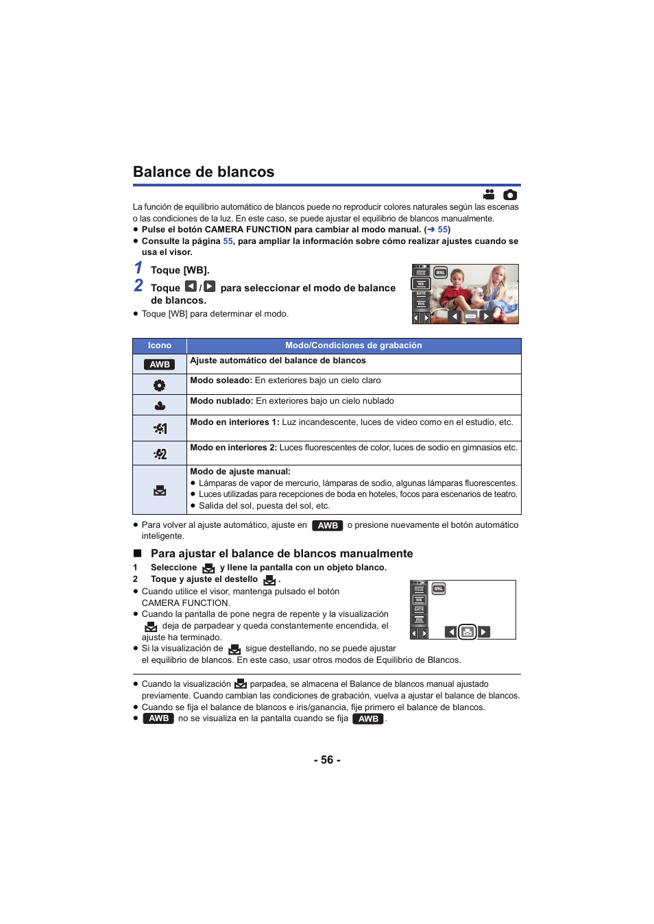 Balance de blancos, L 56, Para ajustar el balance de blancos manualmente | Panasonic HCX929EG User Manual | Page 56 / 203