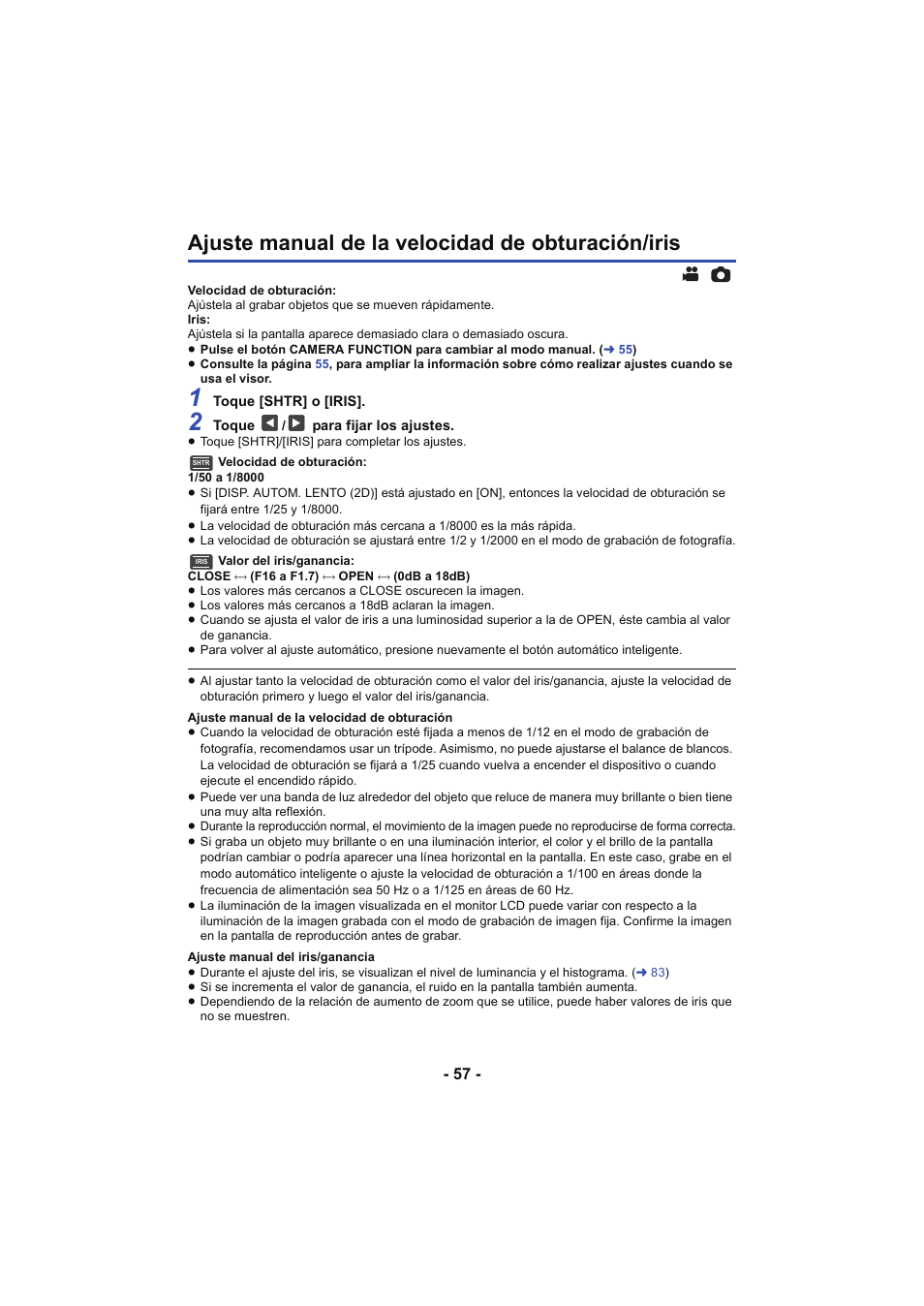 Ajuste manual de la velocidad de obturación/iris, L 57 | Panasonic HCX929EG User Manual | Page 57 / 203