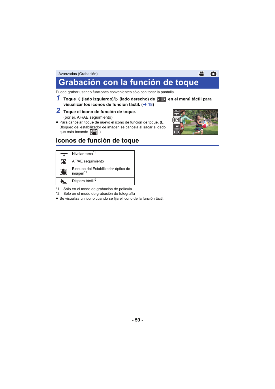 Grabación con la función de toque, Iconos de función de toque | Panasonic HCX929EG User Manual | Page 59 / 203