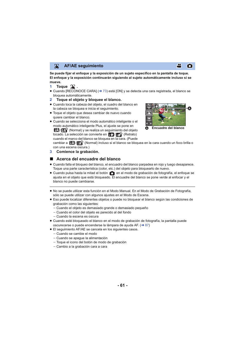 Af/ae seguimiento), Af/ae seguimiento, Acerca del encuadre del blanco | Panasonic HCX929EG User Manual | Page 61 / 203