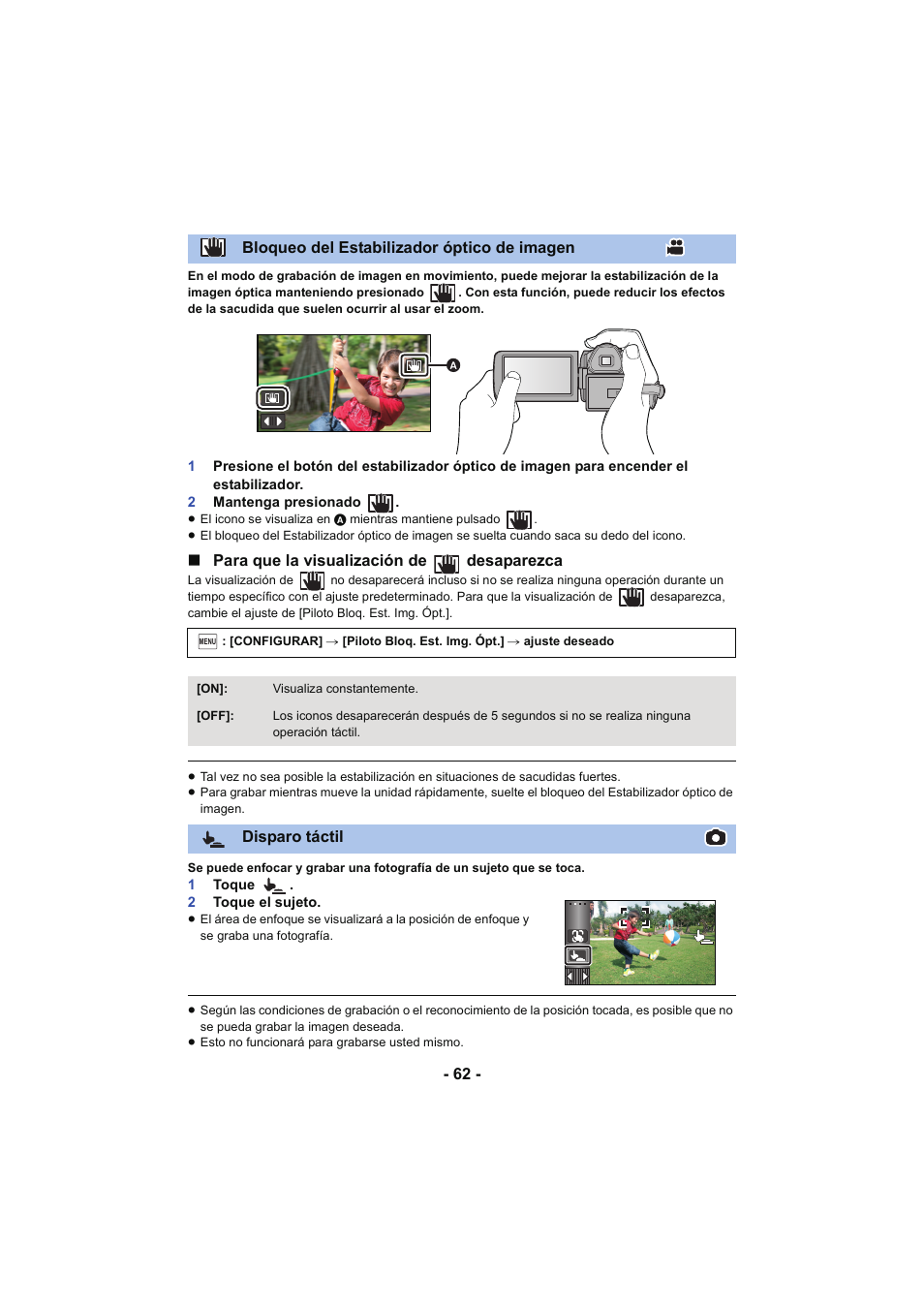 L 62, Bloqueo del estabilizador óptico de imagen, Disparo táctil | Panasonic HCX929EG User Manual | Page 62 / 203