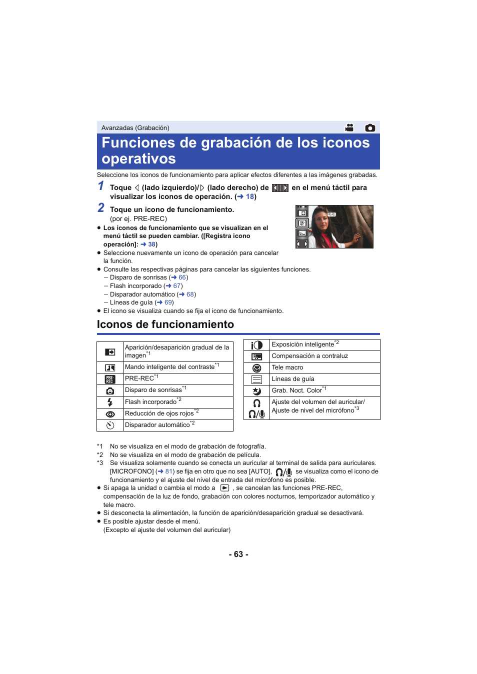 Funciones de grabación de los iconos operativos, Iconos de funcionamiento, L 63 | Panasonic HCX929EG User Manual | Page 63 / 203