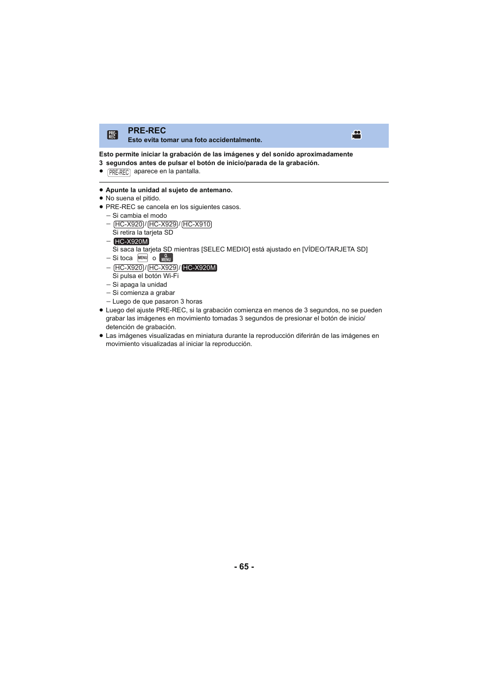 Pre-rec), Pre-rec | Panasonic HCX929EG User Manual | Page 65 / 203