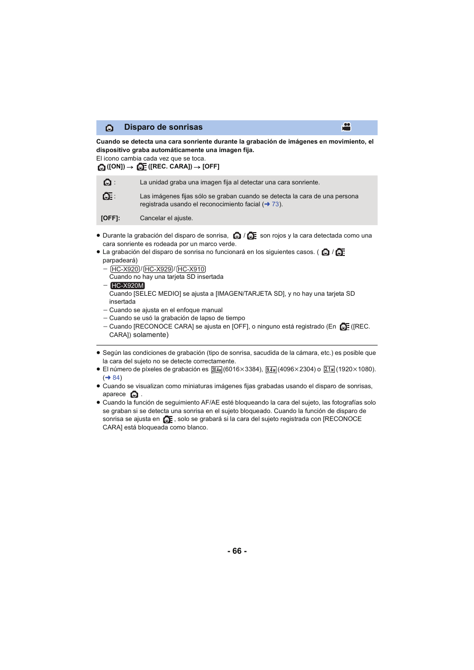 Disparo de sonrisas, L 66 | Panasonic HCX929EG User Manual | Page 66 / 203