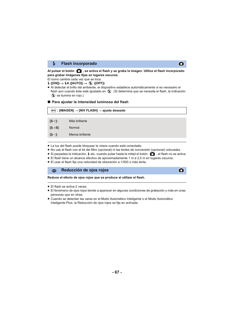 L 67, Flash incorporado, Reducción de ojos rojos | Panasonic HCX929EG User Manual | Page 67 / 203
