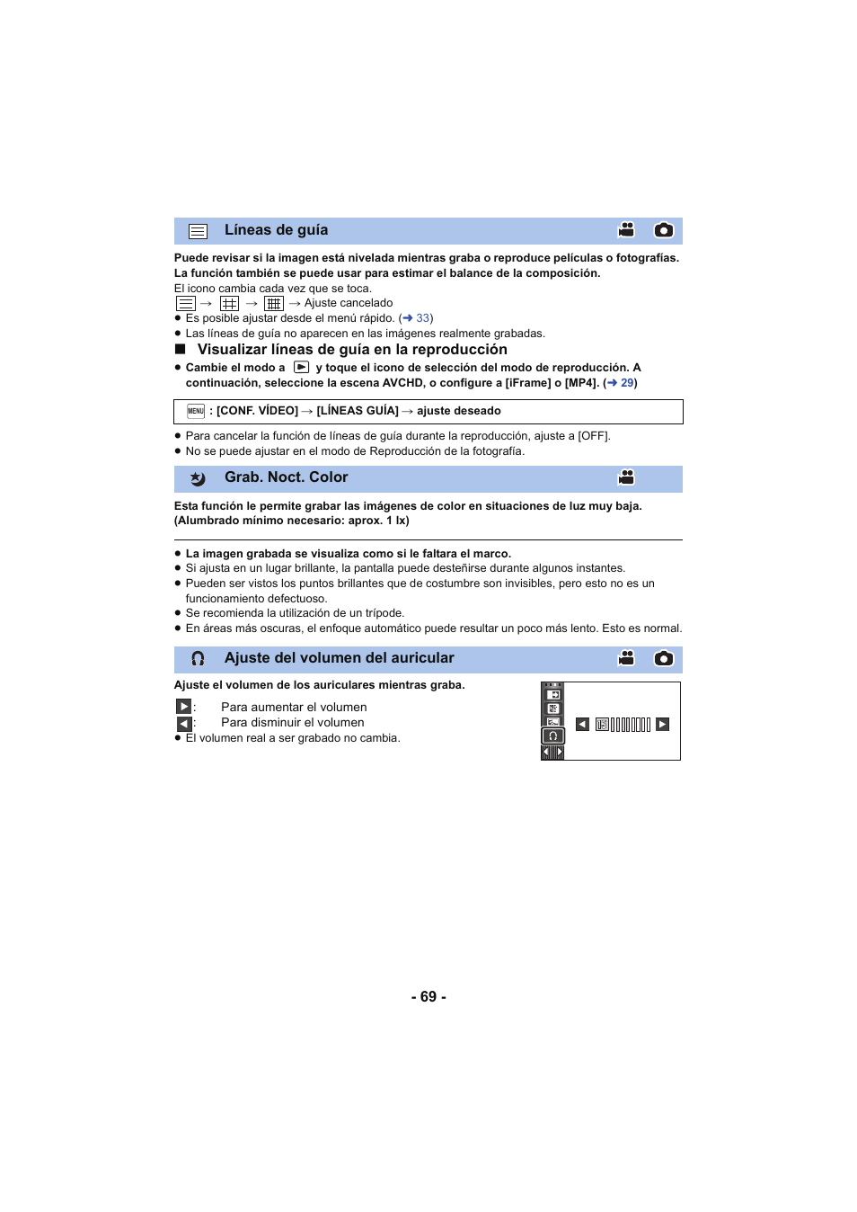 L 69, Líneas de guía, Grab. noct. color | Ajuste del volumen del auricular | Panasonic HCX929EG User Manual | Page 69 / 203