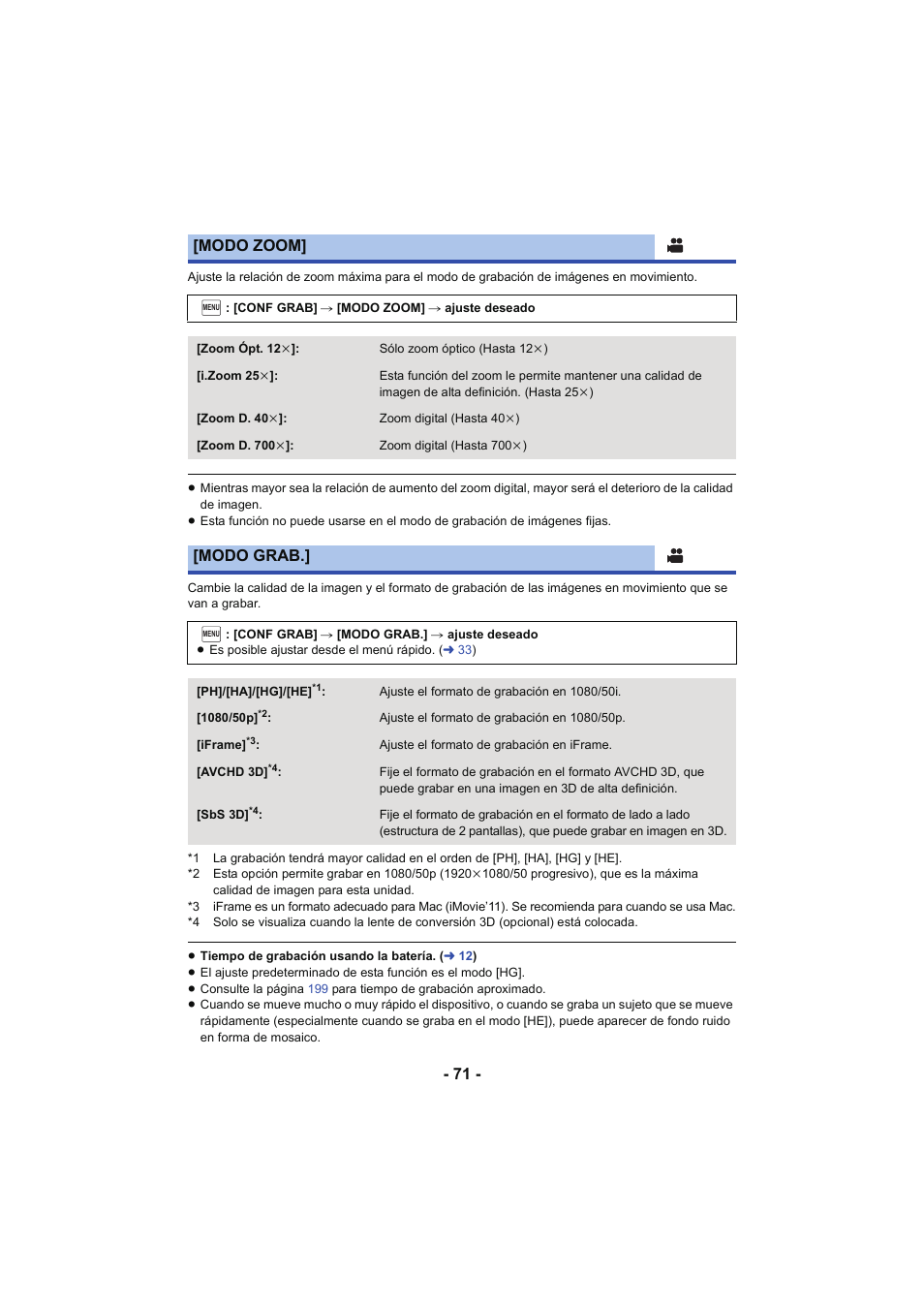 L 71, Modo zoom, Modo grab | Panasonic HCX929EG User Manual | Page 71 / 203