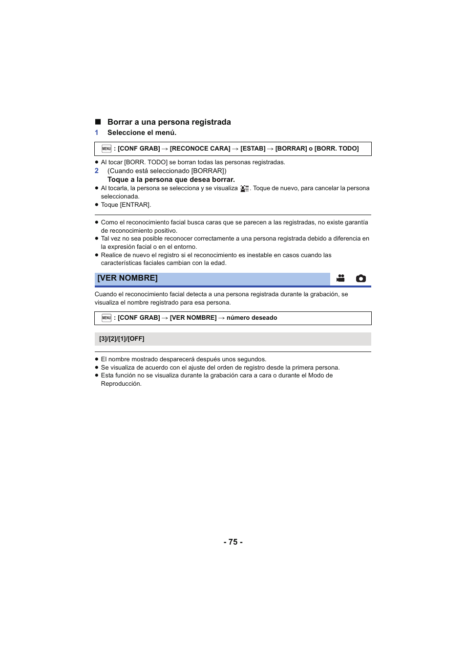 75 - ∫ borrar a una persona registrada, Ver nombre | Panasonic HCX929EG User Manual | Page 75 / 203
