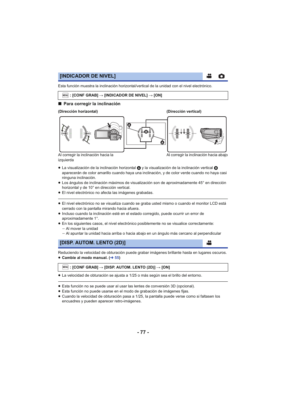 L 77, Indicador de nivel, Disp. autom. lento (2d) | Panasonic HCX929EG User Manual | Page 77 / 203