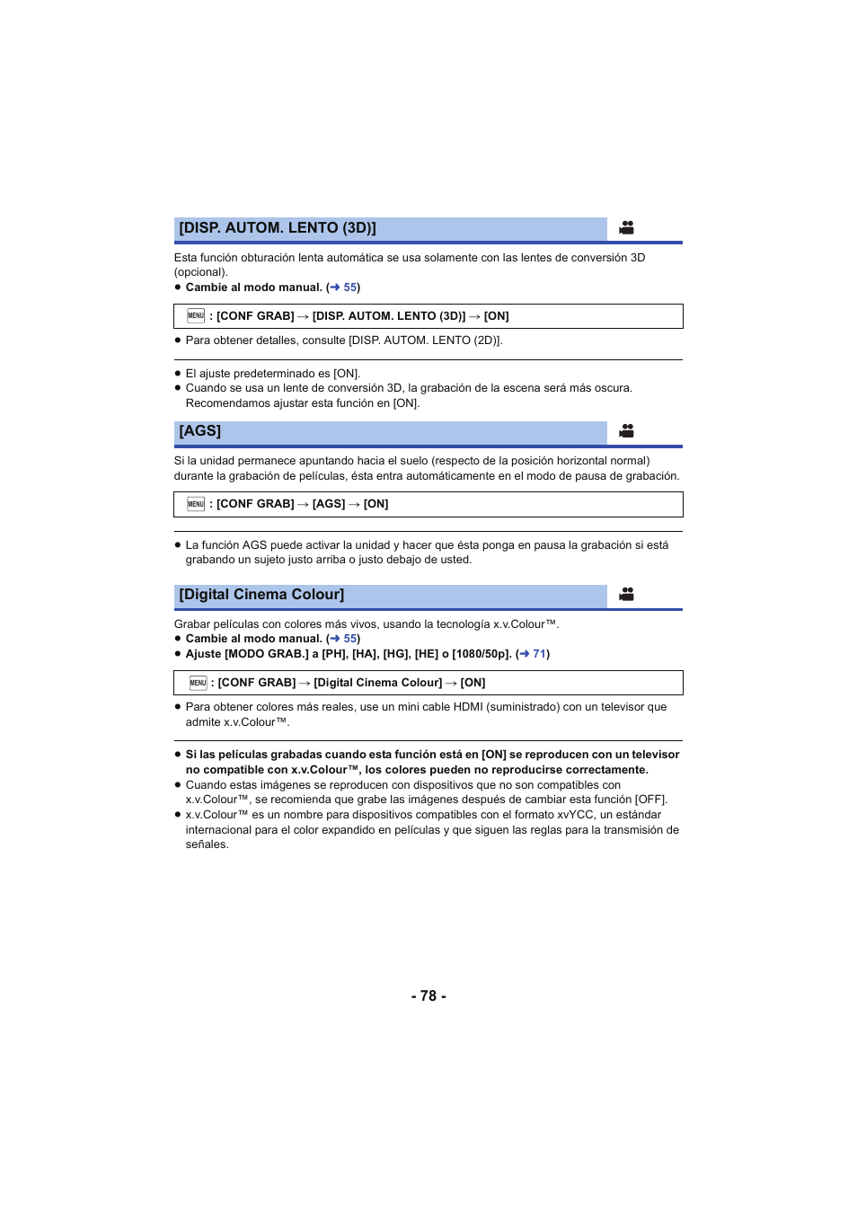 Disp. autom. lento (3d), Digital cinema colour | Panasonic HCX929EG User Manual | Page 78 / 203