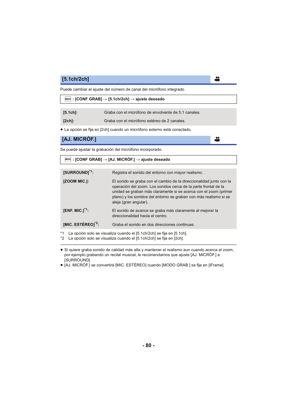 1ch/2ch, Aj. micróf | Panasonic HCX929EG User Manual | Page 80 / 203