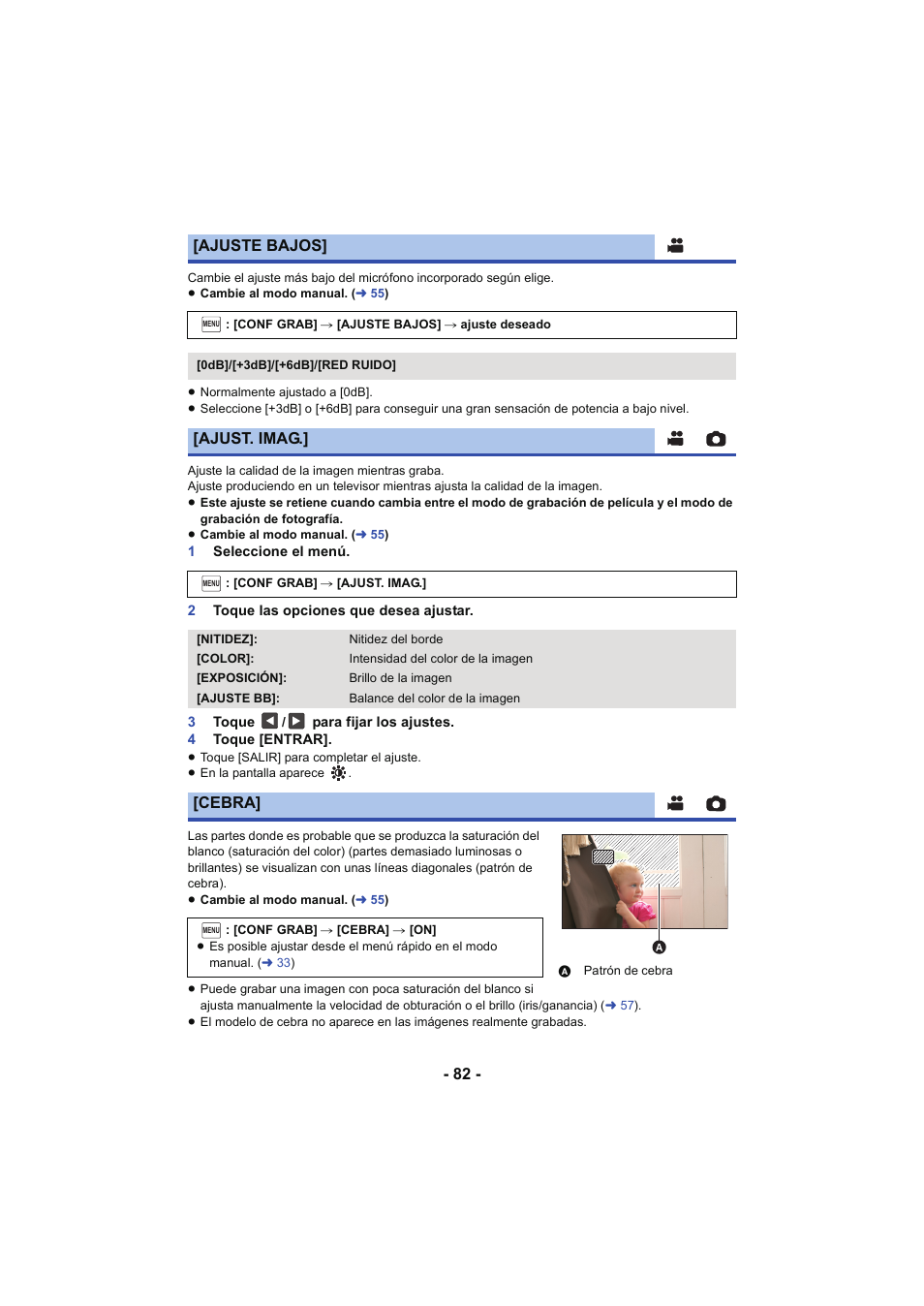 L 82, Ajuste bajos, Ajust. imag | Cebra | Panasonic HCX929EG User Manual | Page 82 / 203