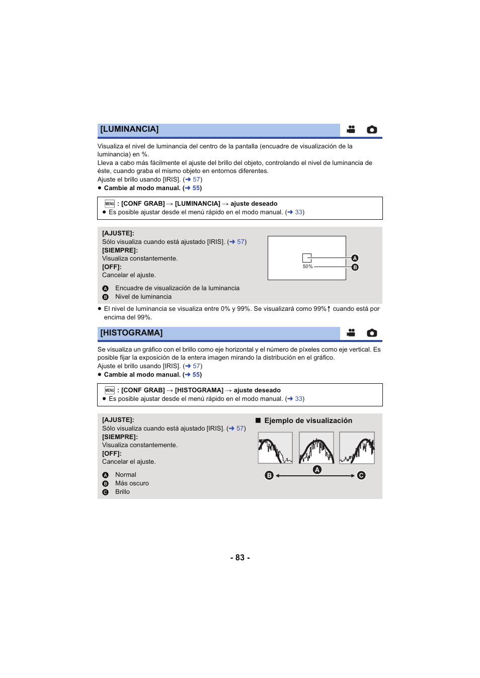 L 83, Luminancia, Histograma | Panasonic HCX929EG User Manual | Page 83 / 203