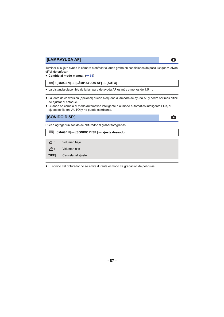 L 87, Lámp.ayuda af, Sonido disp | Panasonic HCX929EG User Manual | Page 87 / 203