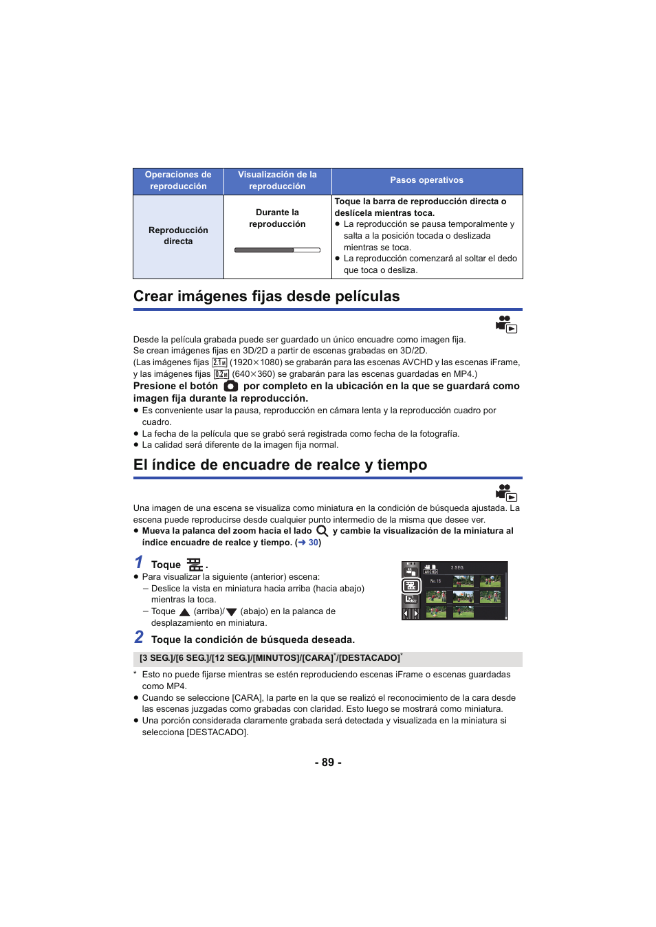 Crear imágenes fijas desde películas, El índice de encuadre de realce y tiempo | Panasonic HCX929EG User Manual | Page 89 / 203