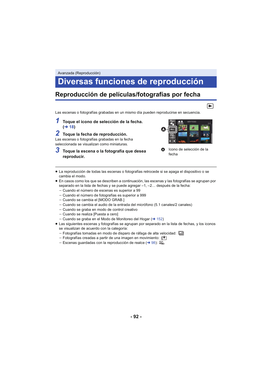 Diversas funciones de reproducción, Reproducción de películas/fotografías por fecha, Reproducción de películas/ fotografías por fecha | L 92 | Panasonic HCX929EG User Manual | Page 92 / 203