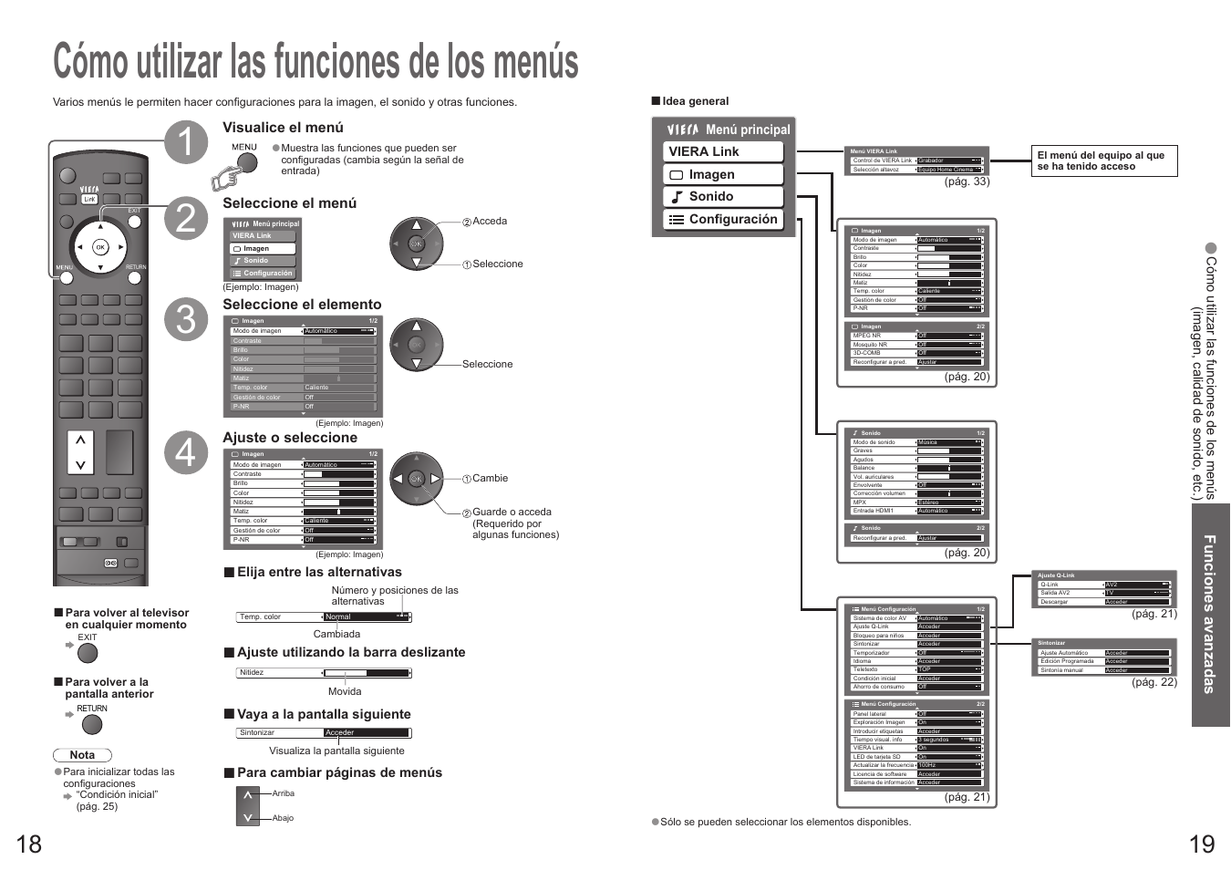 Cómo utilizar las funciones de los menús, Funciones avanzadas, Visualice el menú | Seleccione el menú seleccione el elemento, Ajuste o seleccione, Elija entre las alternativas, Ajuste utilizando la barra deslizante, Vaya a la pantalla siguiente, Para cambiar páginas de menús | Panasonic TH50PY700F User Manual | Page 10 / 22