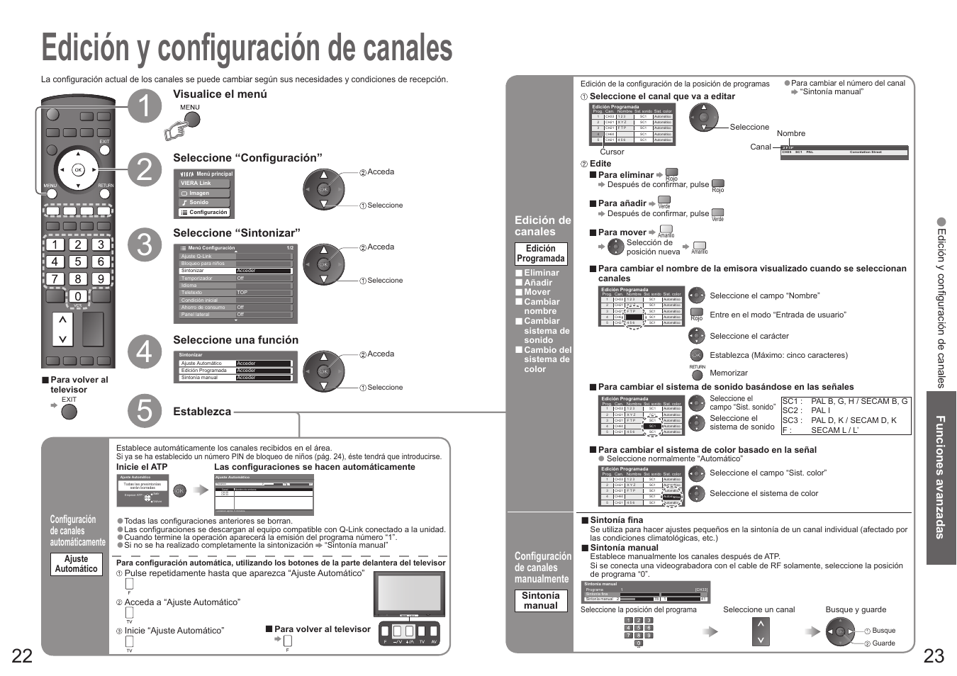 Edición y confi guración de canales, Funciones avanzadas, Seleccione “confi guración | Seleccione “sintonizar, Visualice el menú seleccione una función, Establezca, Confi guración de canales automáticamente, Edición de canales, Confi guración de canales manualmente | Panasonic TH50PY700F User Manual | Page 12 / 22