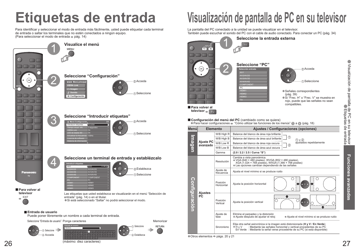 Visualización de pantalla de pc en su televisor, Etiquetas de entrada, Imagen | Con fi guración, Funciones avanzadas | Panasonic TH50PY700F User Manual | Page 14 / 22