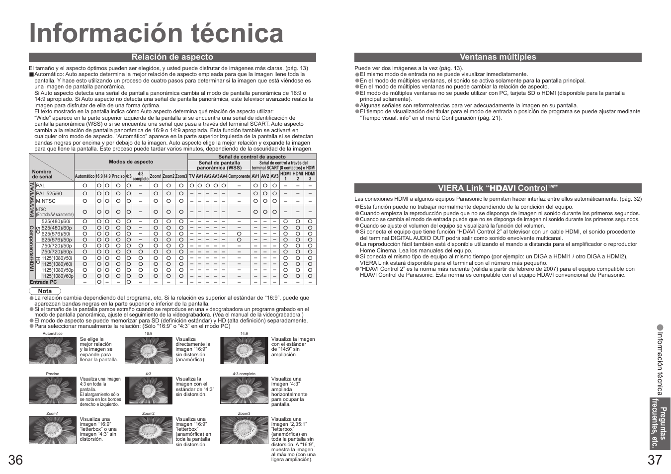 Información técnica, Preguntas frecuentes, etc, Relación de aspecto | Ventanas múltiples, Viera link “ control | Panasonic TH50PY700F User Manual | Page 19 / 22
