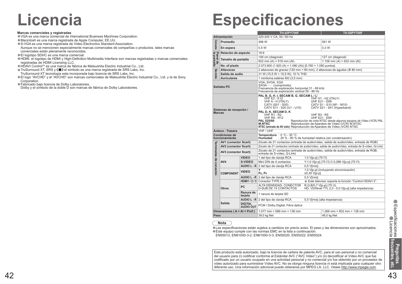 Licencia, Especifi caciones | Panasonic TH50PY700F User Manual | Page 22 / 22
