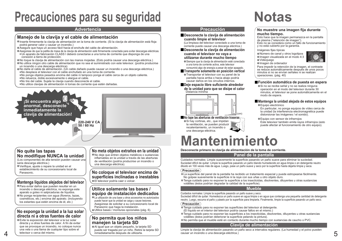 Precauciones para su seguridad, Notas, Mantenimiento | Panasonic TH50PY700F User Manual | Page 3 / 22