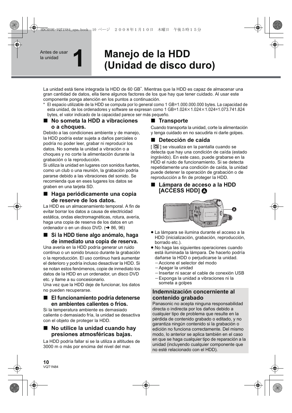 Manejo de la hdd (unidad de disco duro) | Panasonic HDCHS9 User Manual | Page 10 / 132
