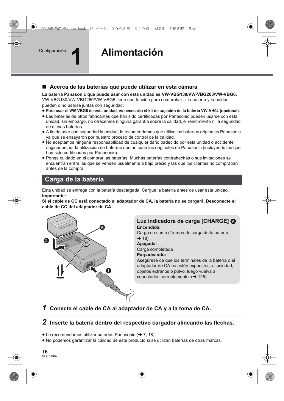 Alimentación | Panasonic HDCHS9 User Manual | Page 16 / 132
