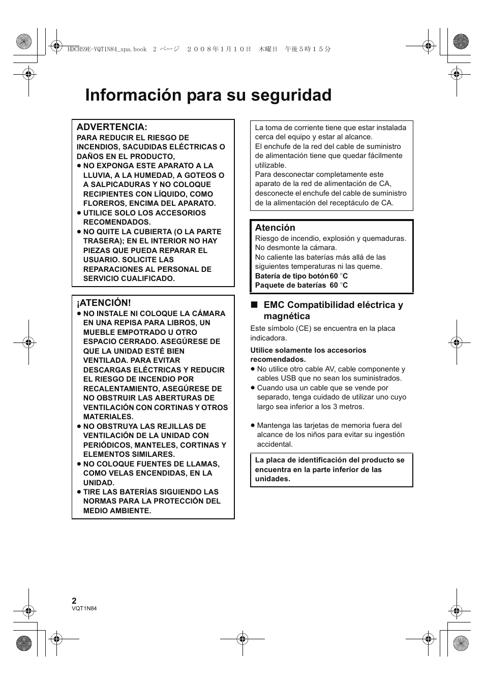 Información para su seguridad | Panasonic HDCHS9 User Manual | Page 2 / 132