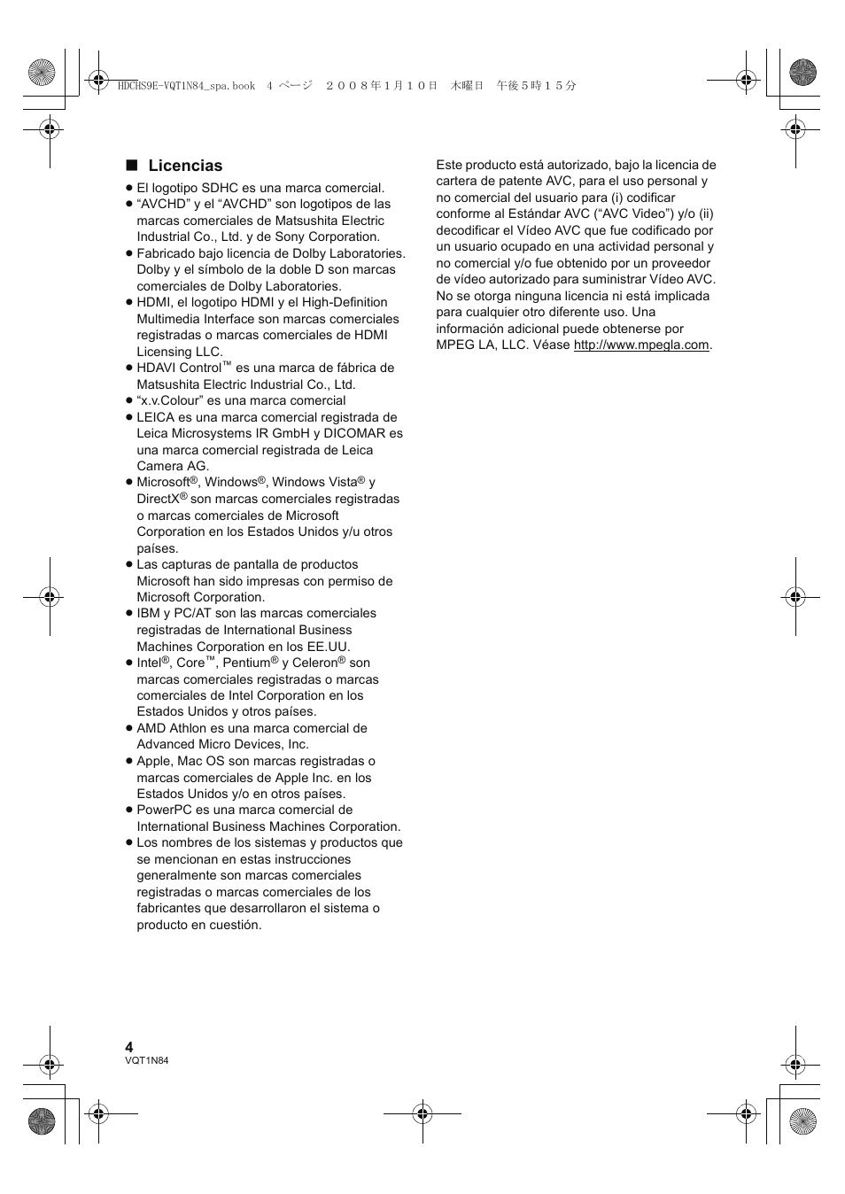 Licencias | Panasonic HDCHS9 User Manual | Page 4 / 132