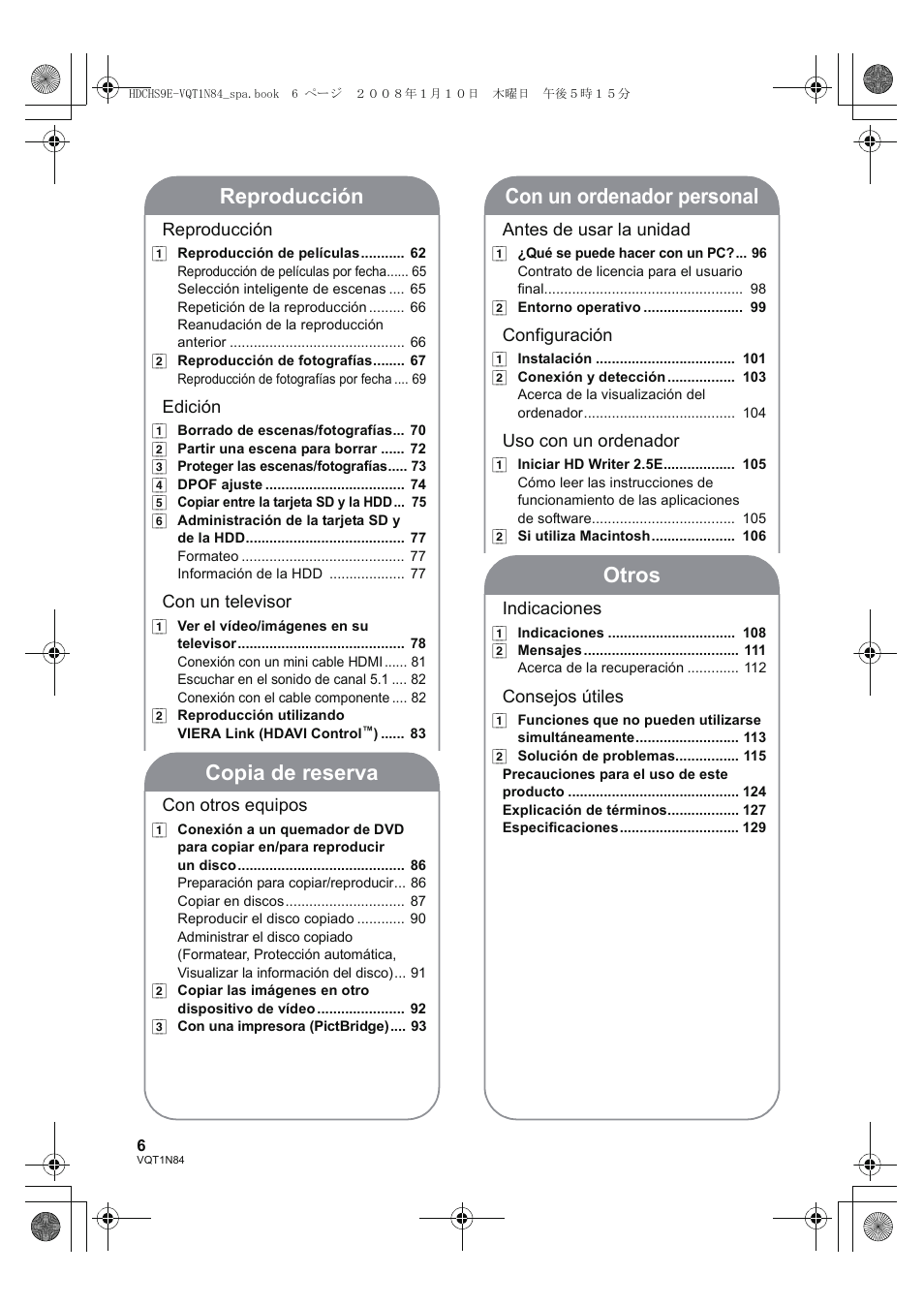 Reproducción, Copia de reserva, Con un ordenador personal | Otros | Panasonic HDCHS9 User Manual | Page 6 / 132