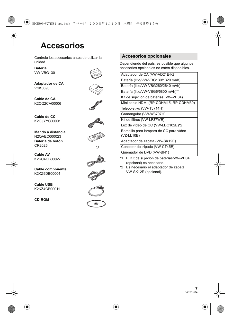 Accesorios | Panasonic HDCHS9 User Manual | Page 7 / 132