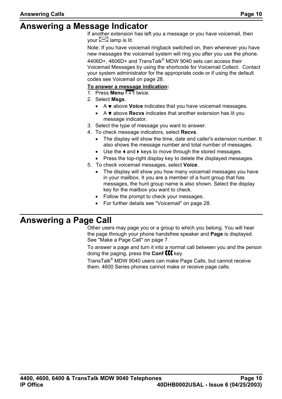 Answering a message indicator, Answering a page call | Avaya 6400 User Manual | Page 10 / 32